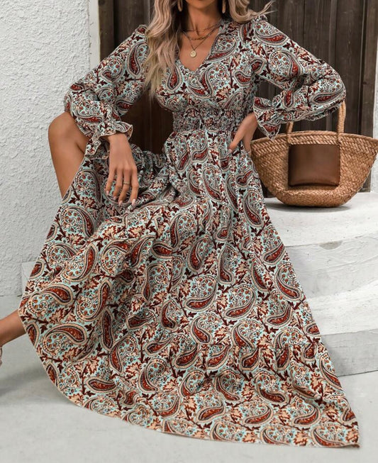 Paisley Print Long Sleeve Elastic Empire Waist Dress