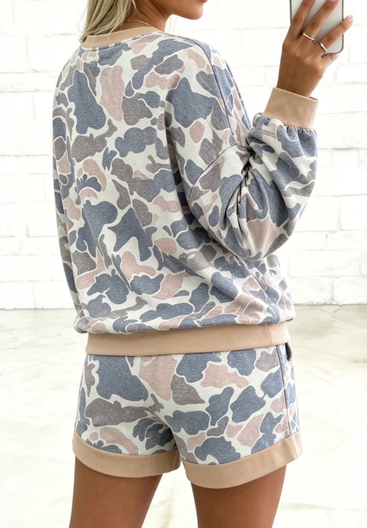MLCO Washed Out Camo Short Set with Short Sleeved Collard Shirt and Elastic Waist Drawstring Shorts with Pockets