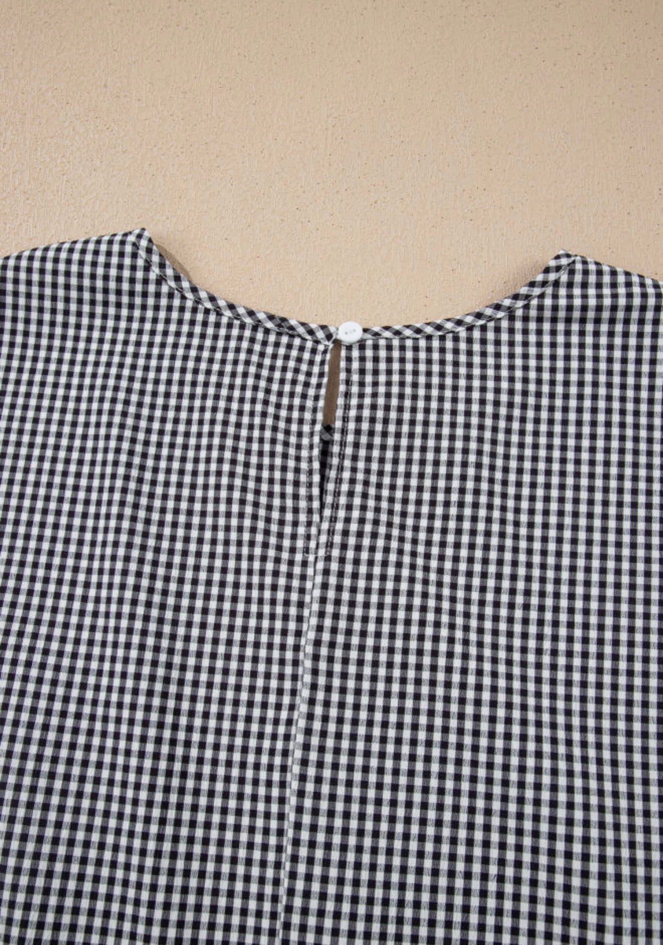 PP14 Black and White Miniature Plaid Round Neck Top with Bow Accented Bell Sleeves