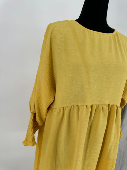 Yellow Gold Empire Waist Dress with Elastic Cuff Sleeve