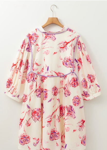 Ivory Dress with Pink and Purple Floral Print