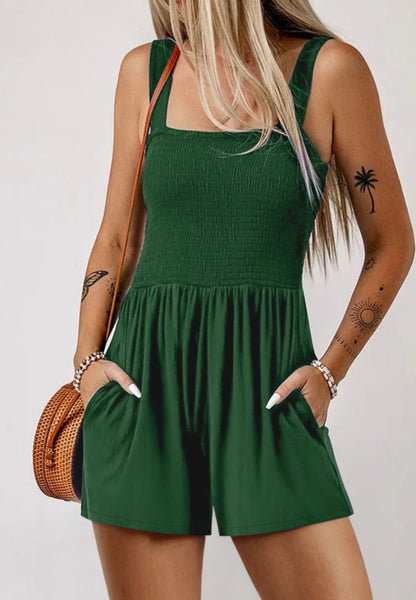 Green ML12 romper by Ivy's Gifts & Boutique featuring wide-leg shorts and an elastic bodice for a flattering fit.