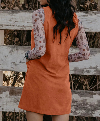 Sleeveless Rust colored dress with Accent Stitched Pocket Design