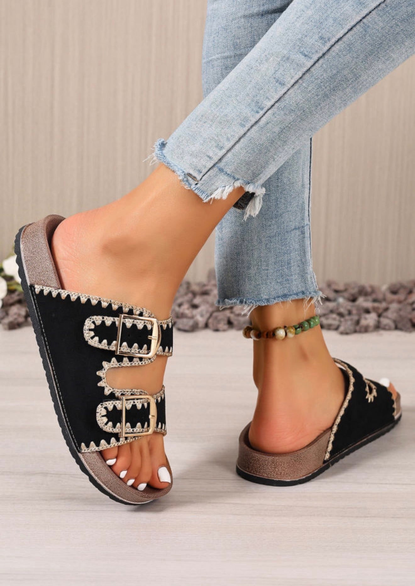 Black embroidered detail double strap sandal by Ivy's Gifts & Boutique with comfortable straps and stylish design.