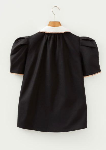 A10 Black Blouse with White Collar and Rick Rack Trim - Ivy's Gifts & Boutique