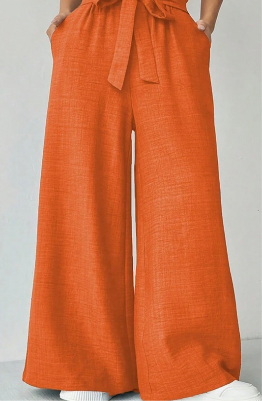 Orange High Waist Wide Leg Pants with Belt
