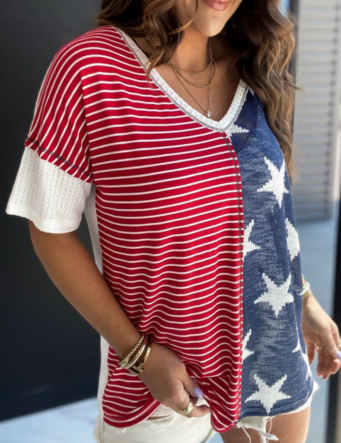Red, white and blue stars and stripes V-neck short sleeve top