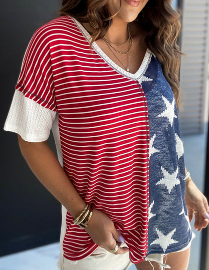 Red, white and blue stars and stripes V-neck short sleeve top
