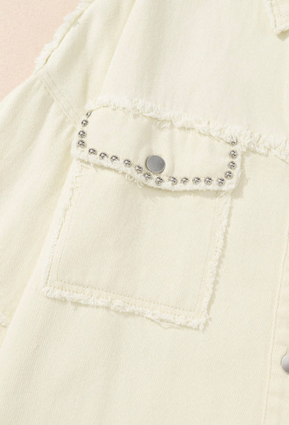 Cream Frayed Hem denim jacket with Brads