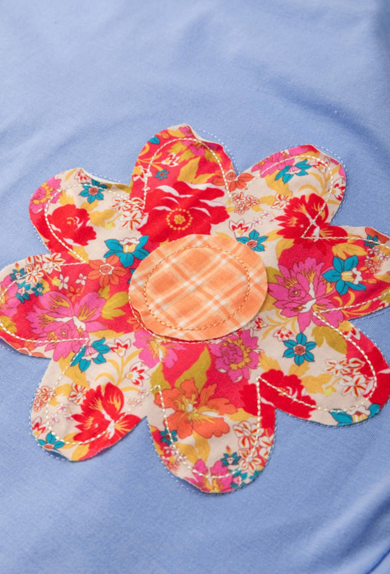 Flower Appliqué Blue Top