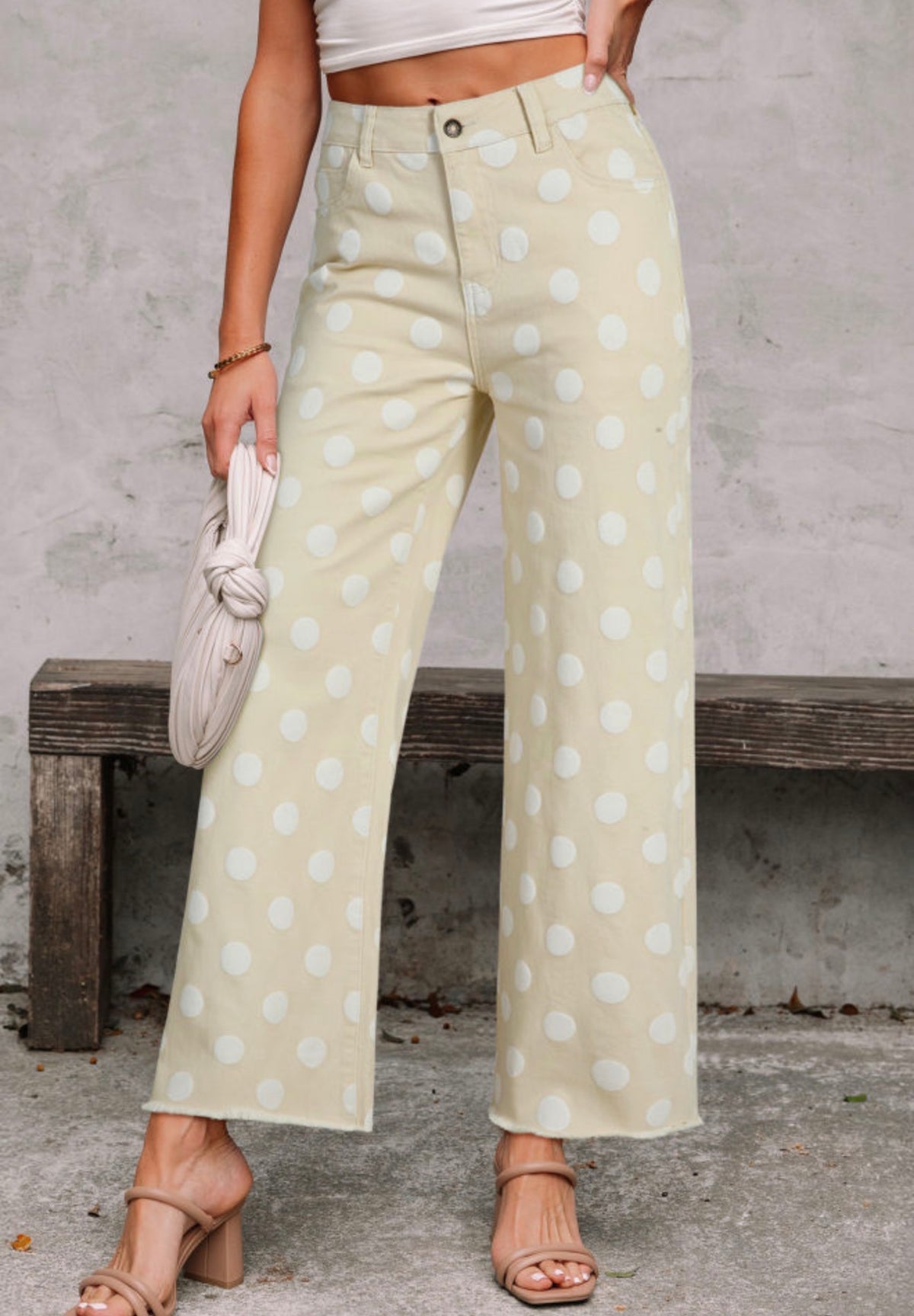MLPDK Polka Dot Khaki Pants with Stretch and Raw Edge Hem
