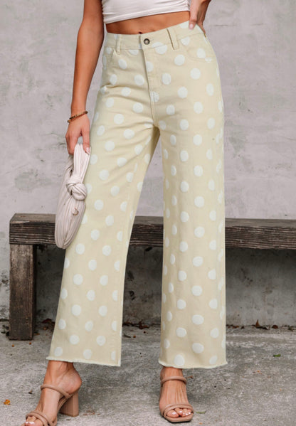 MLPDK Polka Dot Khaki Pants with Stretch and Raw Edge Hem