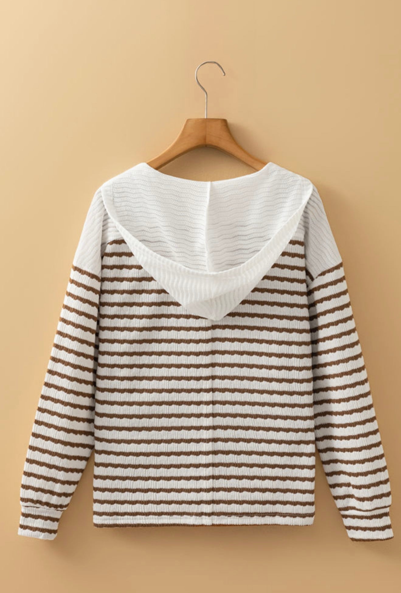 A36 Taupe Striped Hooded Shirt with Wooden Button - Ivy's Gifts & Boutique
