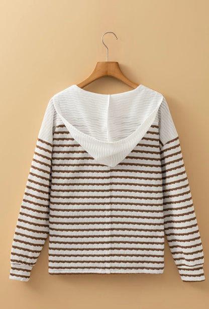 A36 Taupe Striped Hooded Shirt with Wooden Button - Ivy's Gifts & Boutique