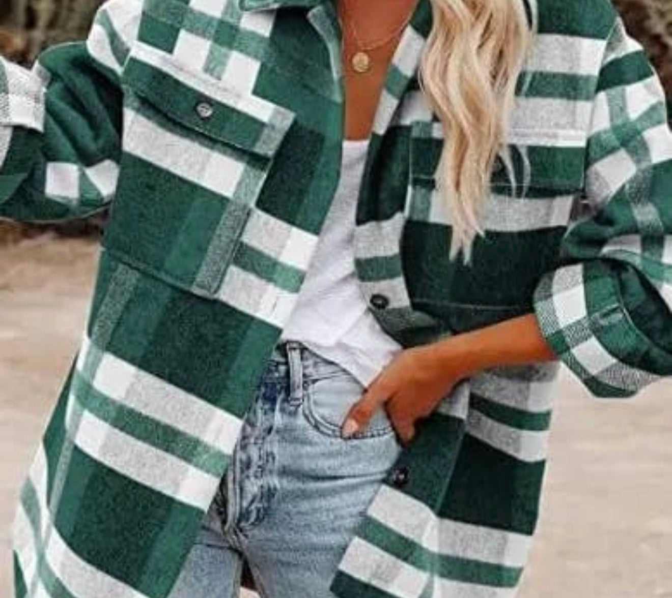 GRF Green and White Plaid Flannel Shacket Shirt Jacket