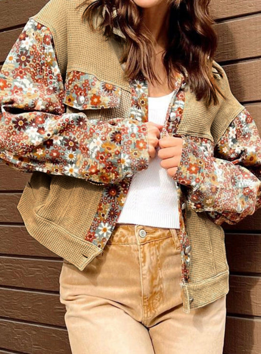 Tan waffle weave jacket with floral sleeves