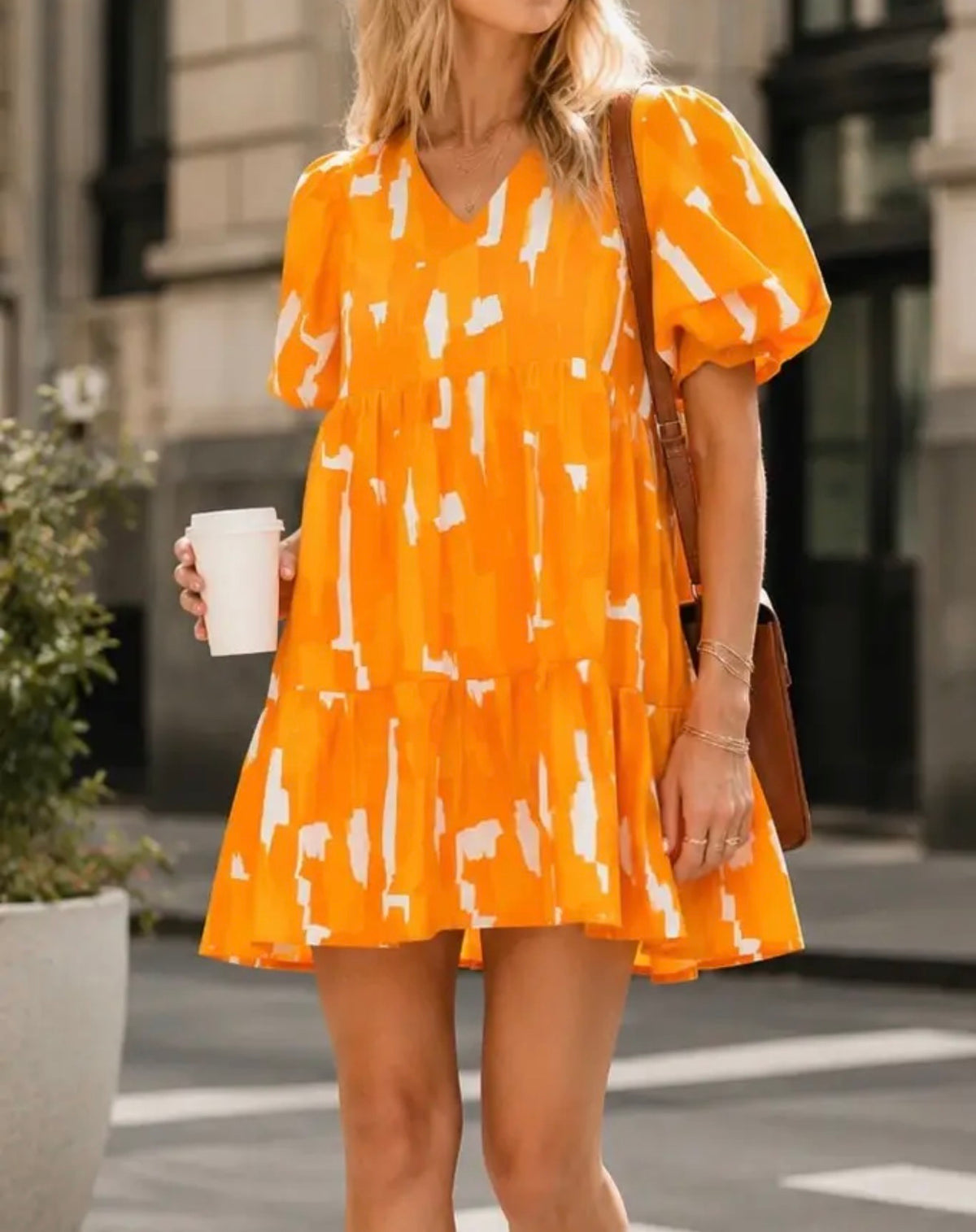 OWDF Orange and White Puff Sleeve Swing Dress