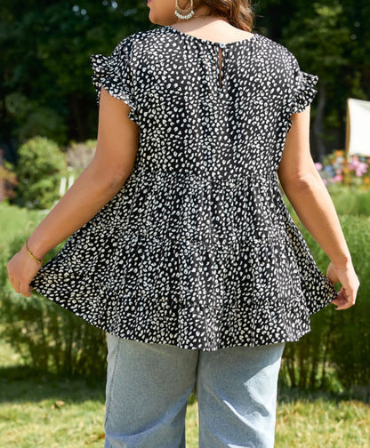 PP28 Black and White Pebble Print Tiered Flowy Top with short Ruffle Trim Sleeves