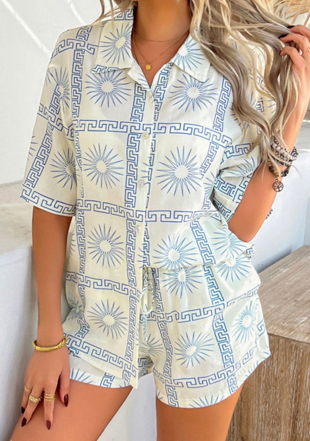 2 pc Cream Short Set with Blue Sun Design