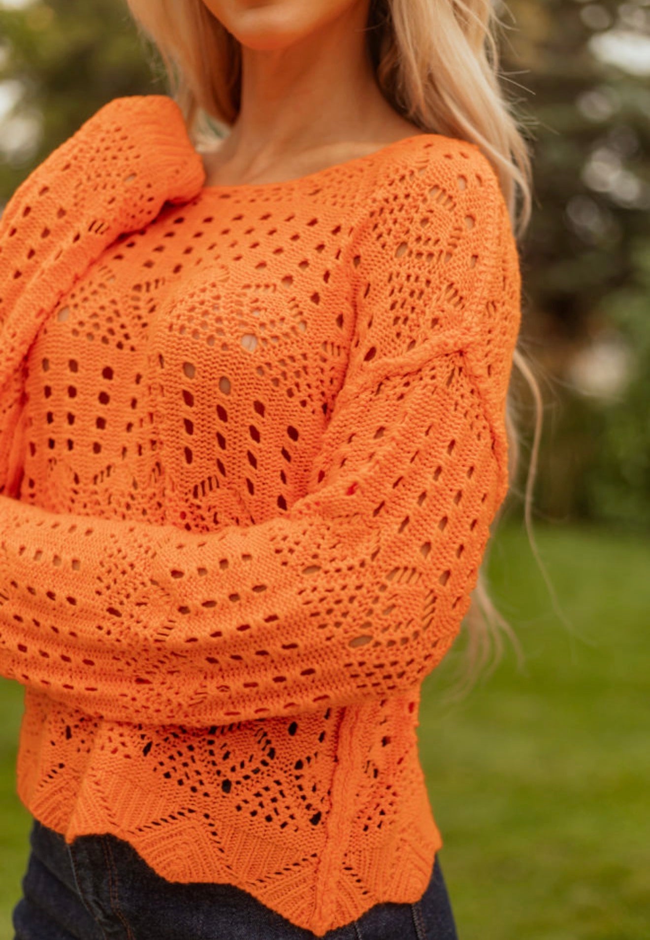 MLOS Cropped Orange Crochet Style Sweater with with Scallop Sleeves and Hem