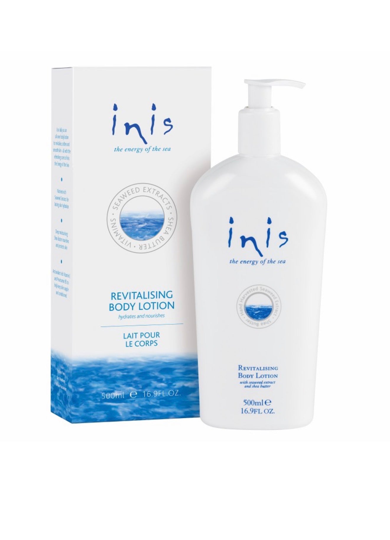 Inis bath and body products set with bottles of lotion and body wash, featuring clean, elegant packaging and natural scents.