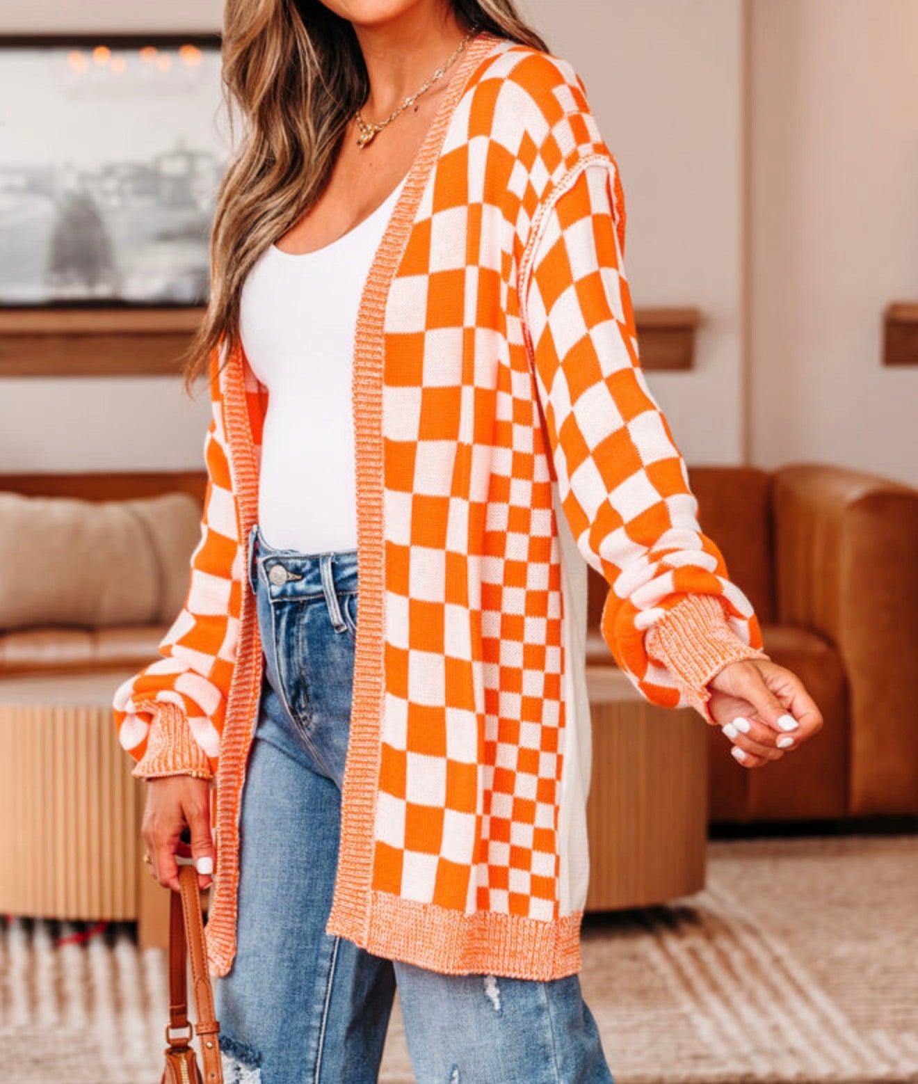 MLOW Orange and White Checkered Open Front Cardigan Sweater