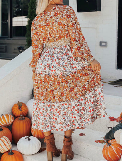 MLFD Fall Printed Tiered Ruffle Hem Maxi Dress with Long Sleeves