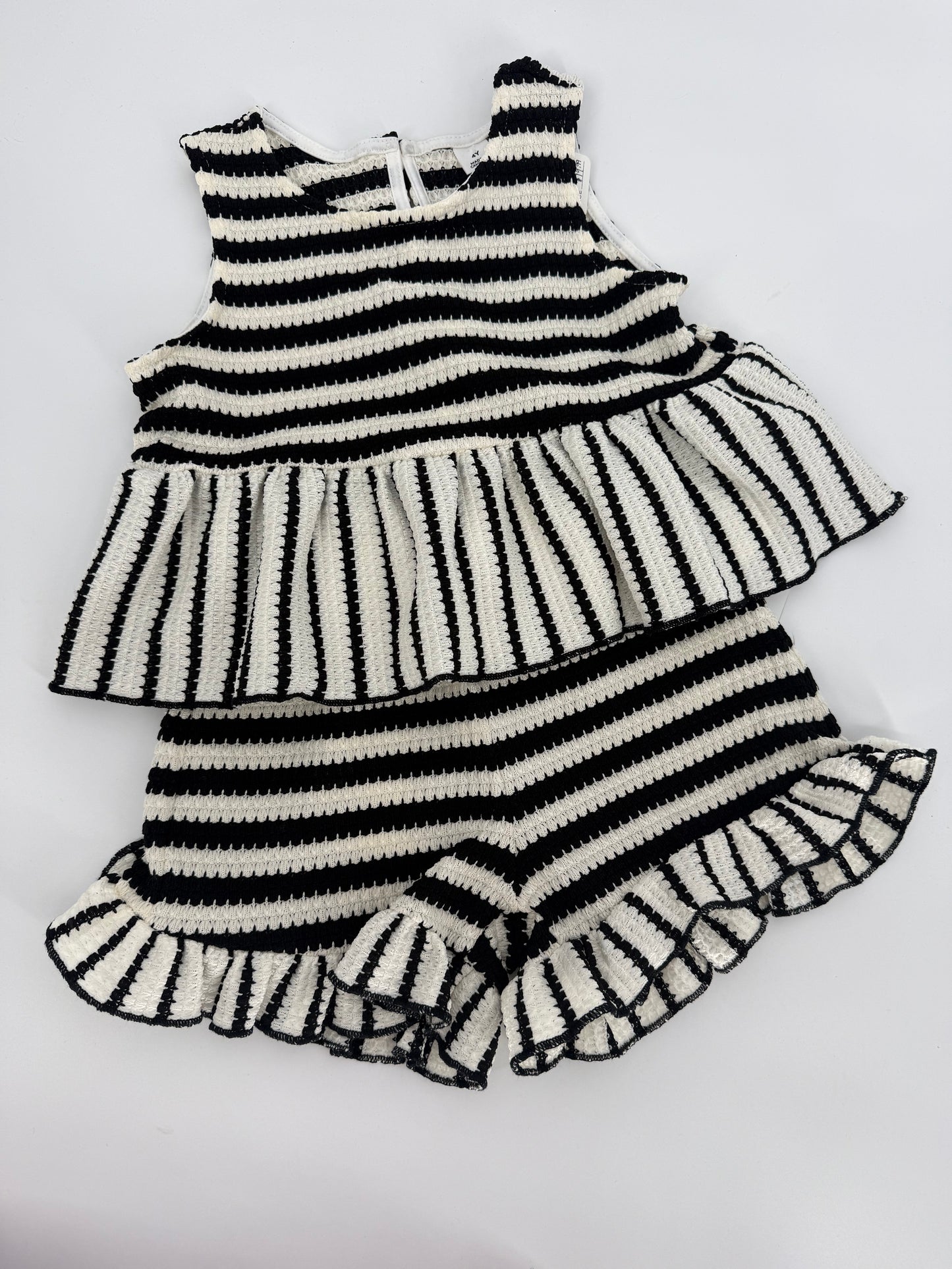 CH1 Children's Black and Cream Stripe 2pc Short Set with Bow Accents and Ruffle Hem