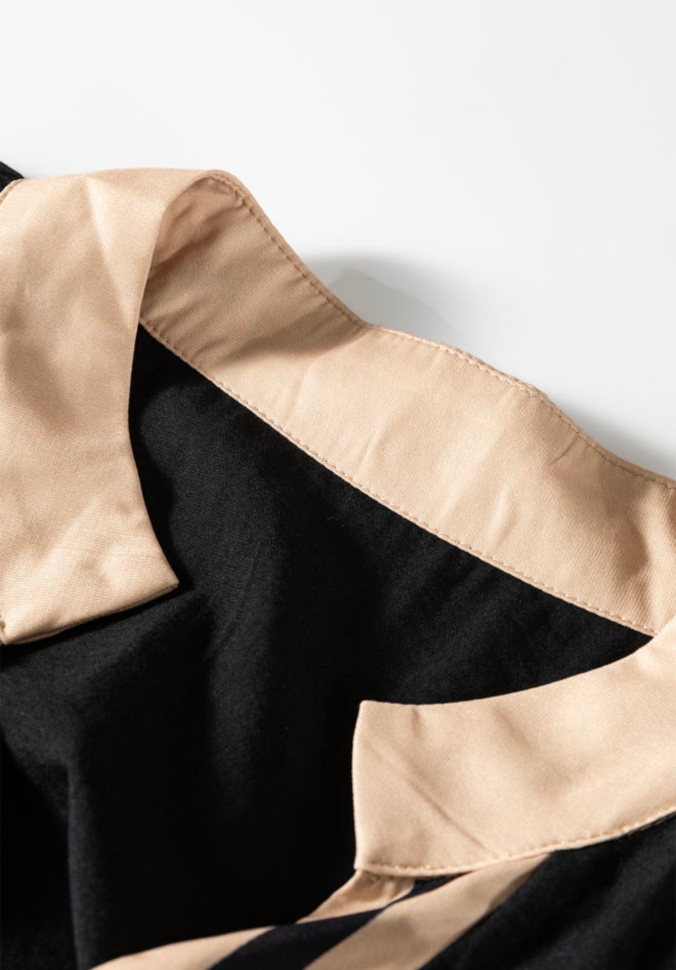 PP13 Black Long Sleeve Mini Shift Dress with Beige Stripe Detail and V Neck Design