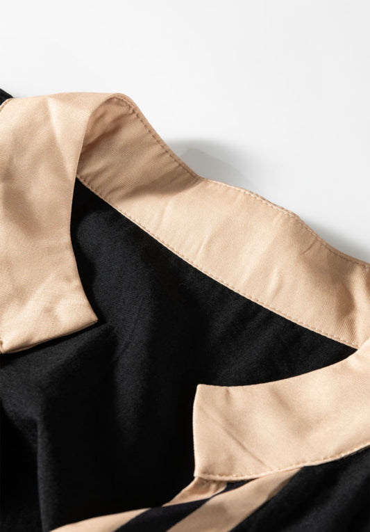 PP13 Black Long Sleeve Mini Shift Dress with Beige Stripe Detail and V Neck Design