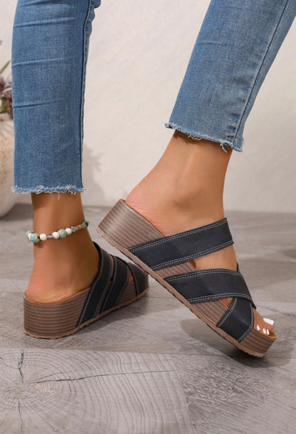 ML1 Black Wide Strap Slide Sandal with Contrast white stitching