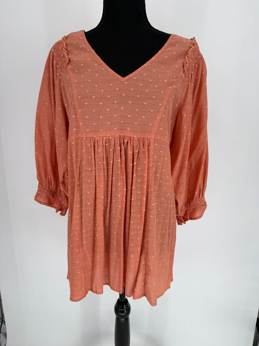 Umgee Coral Blouse with Smocked Detail Sleeves