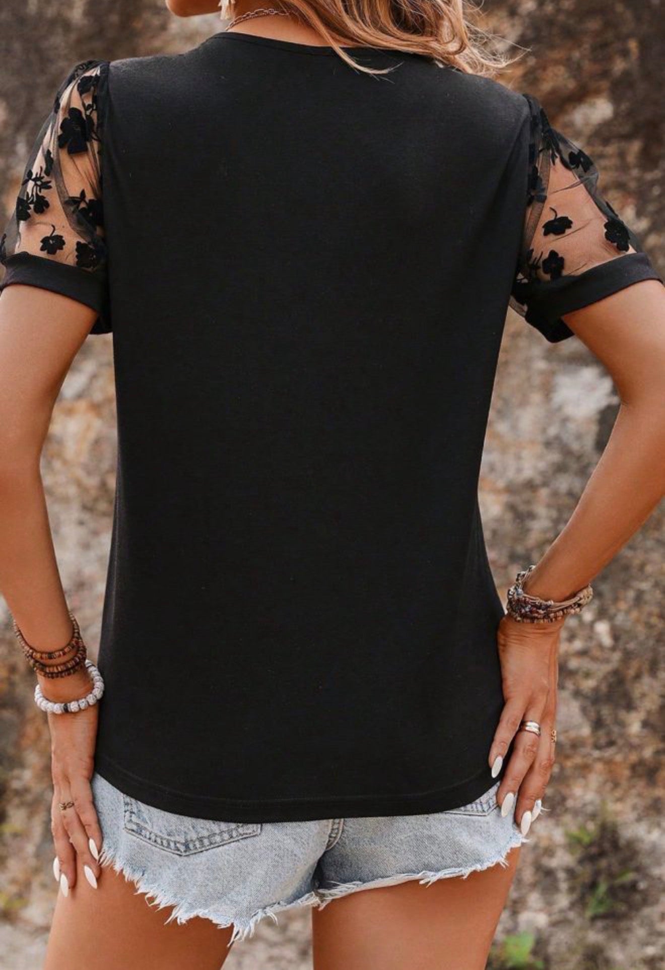 PP35 Black V Neck Top with Sexy Sheer Floral Sleeves and Neck