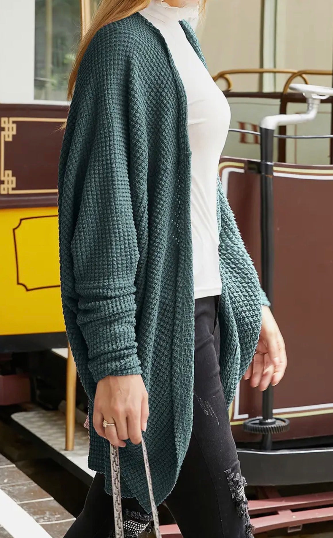 Ivy's Gifts & Boutique FR34 textured fabric open front cardigan with dolman sleeves, draped and cozy for casual wear.