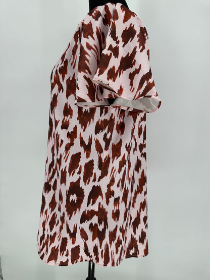 Pink Dress with Brown Animal Print and Butterfly Sleeves