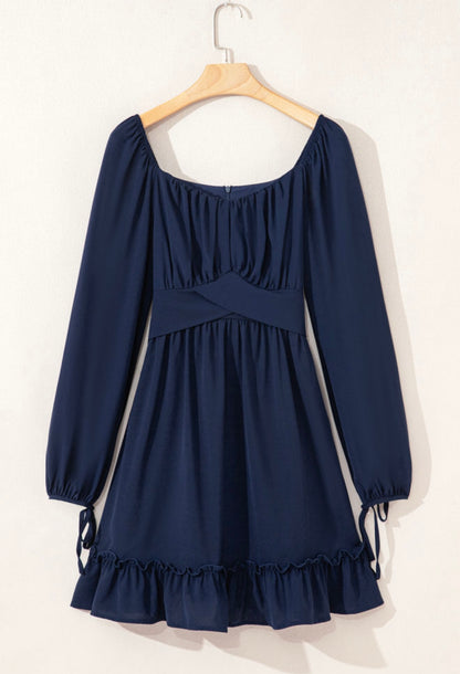 A20 Navy Ruffle Hem Dress with Waist Tie