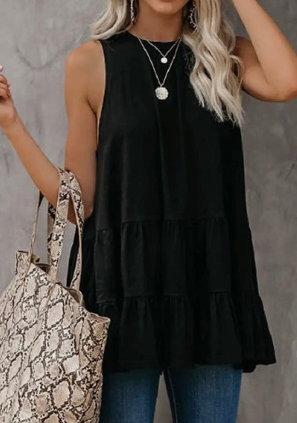 Black Sleeveless Ruffle Hem Tunic with Tie Back