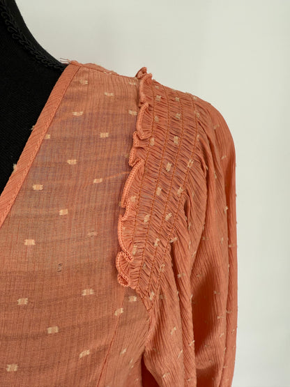 Umgee Coral Blouse with Smocked Detail Sleeves
