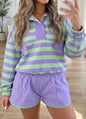 MLPS Purple and Green Stripe 2 Piece Short Set with Long Sleeves, Pockets,   and Snap Closure