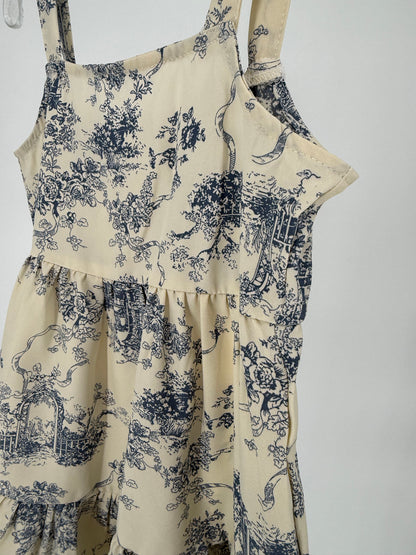 CH17 Children's Blue Toile Print Ruffle Hem Tier Dress