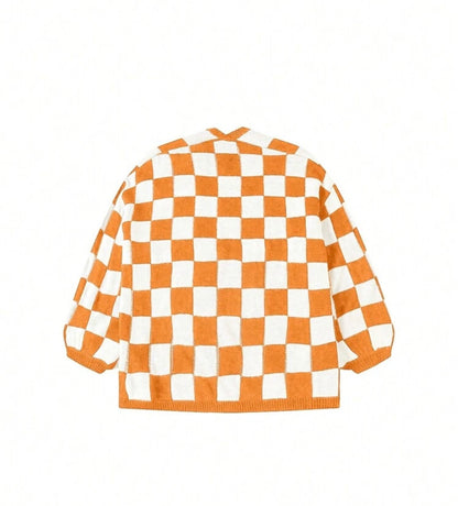 Orange and White Checkered Cardigan Sweater