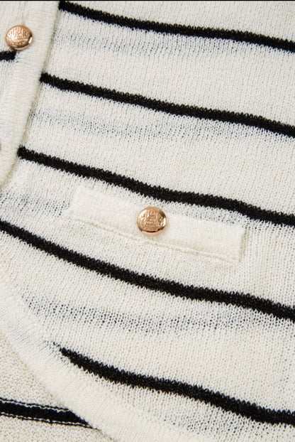 Ivory and Black Striped Sweater Vest with Gold Buttons