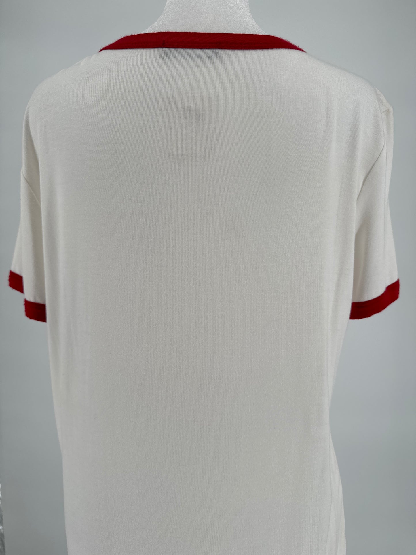 White Tee with Red boardered sleeves and neck