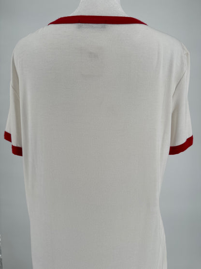 White Tee with Red boardered sleeves and neck