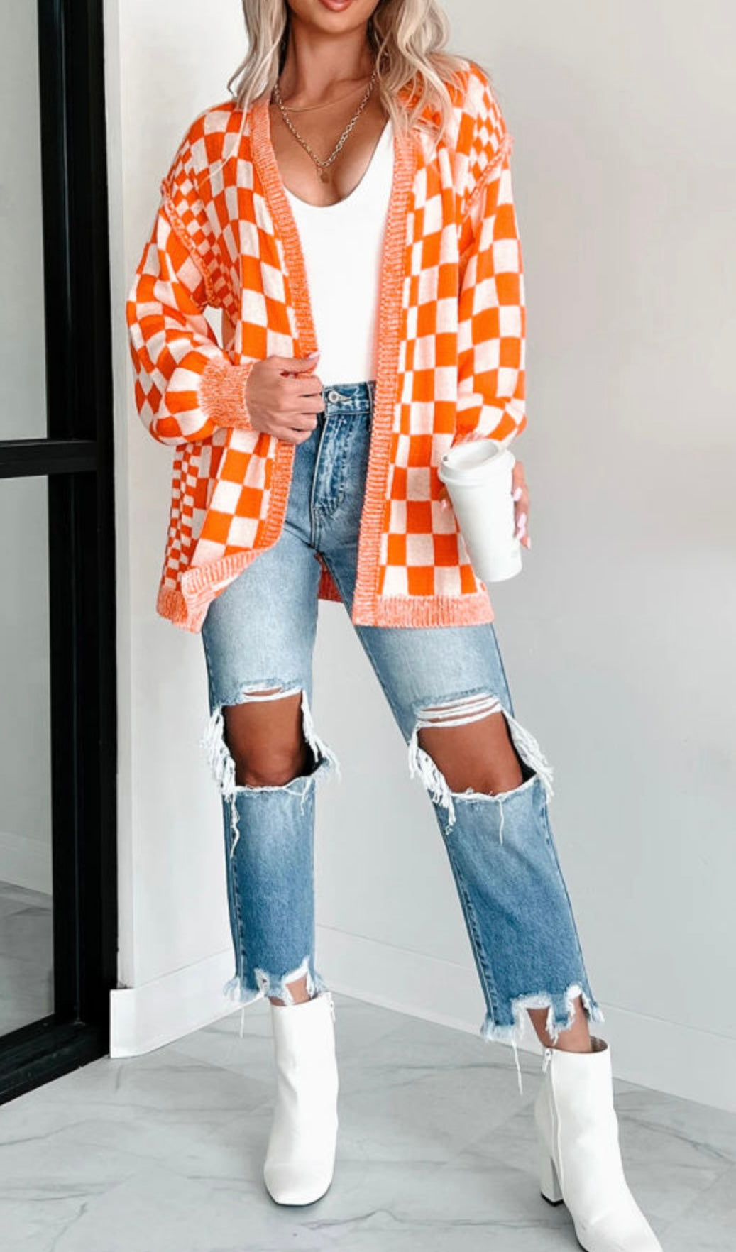 Checkered Sweater in Orange and White