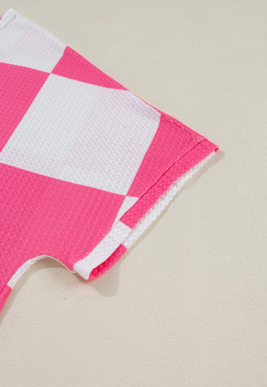 PP29 Hot Pink and White Rib Texture Checkerboard Top with Drop Shoulder and Short Sleeves