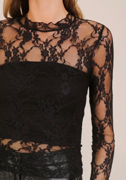 Black lace long sleeve trendy top by Ivy's Gifts & Boutique, featuring layered design and stylish fit.