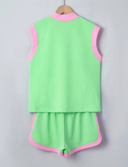 MLPG Pink and Green Short Set with Zippered Contrast Boarder Trim Details