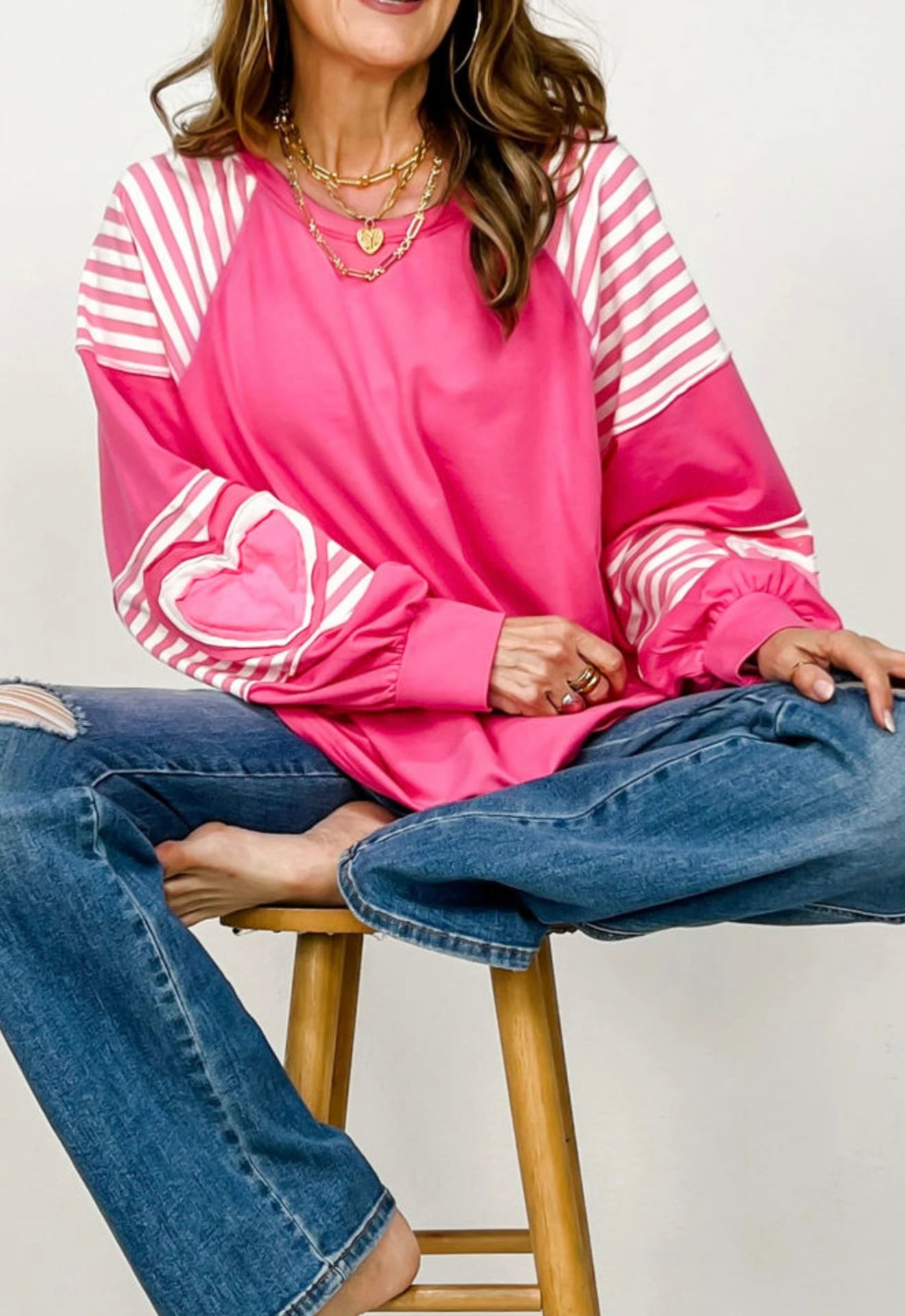 A24 Pink Stripe Long Sleeve with Heart Detail - Ivy's Gifts & Boutique
