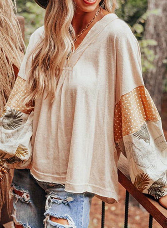 Beige Top with Printed Puff Sleeves Peach and Brown
